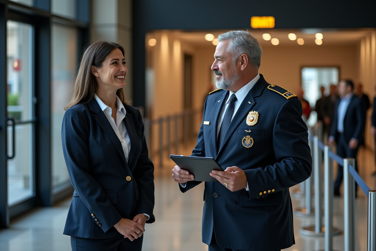 Agent de securite en uniforme avec responsable de salle