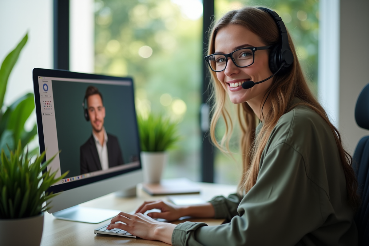 Agent support avec casque aidant un client en ligne