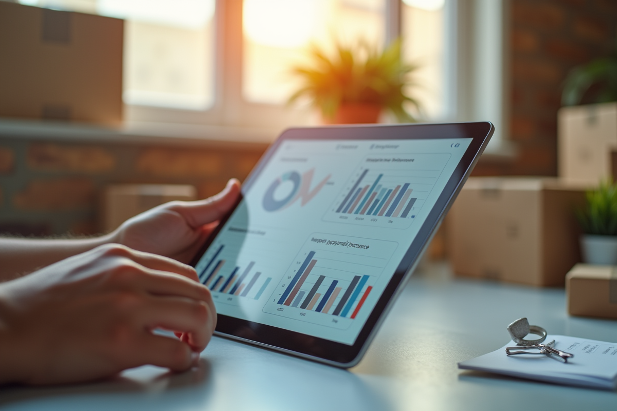 Main tenant une tablette avec analytics logistiques et emballages