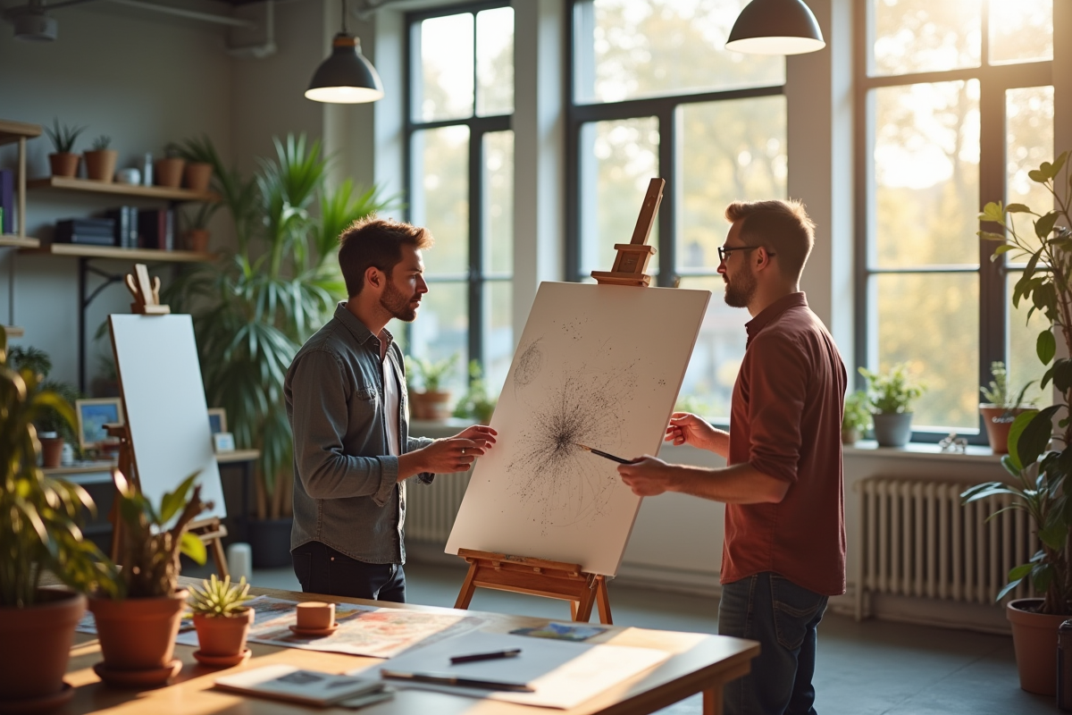 Deux artistes créatifs collaborant dans un studio lumineux