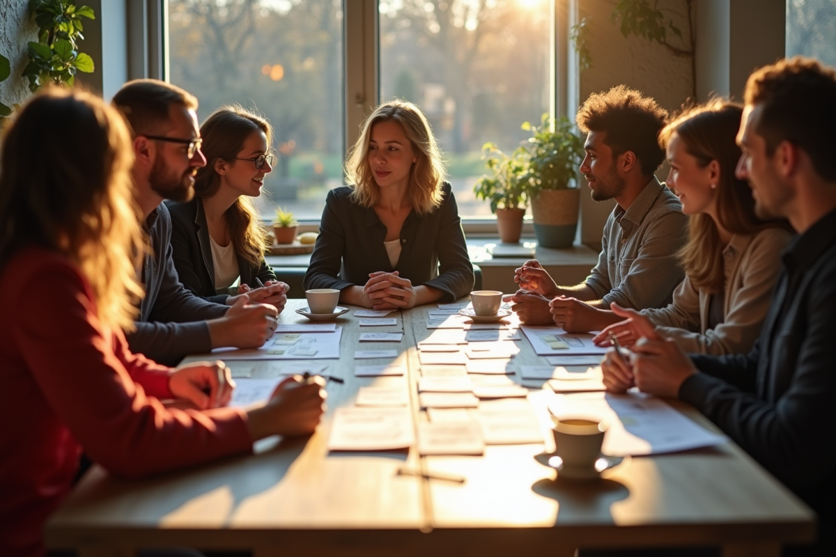 Groupe en brainstorming dans un café créatif
