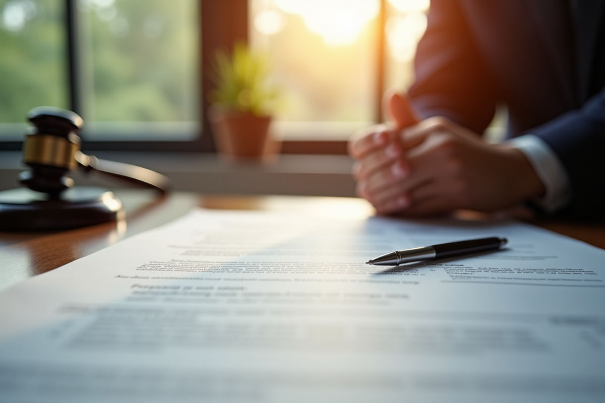 Bureau avec documents juridiques et marteau de juge