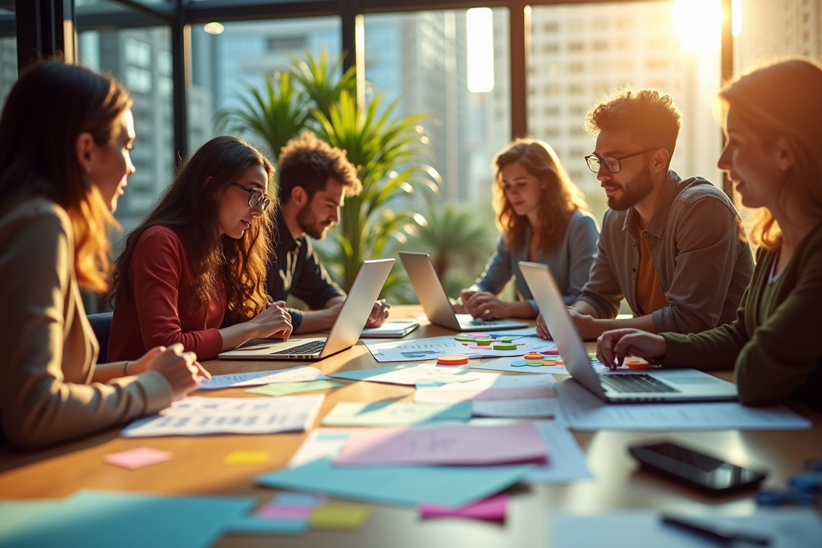 Bureau moderne avec équipe diverse en réunion collaborative
