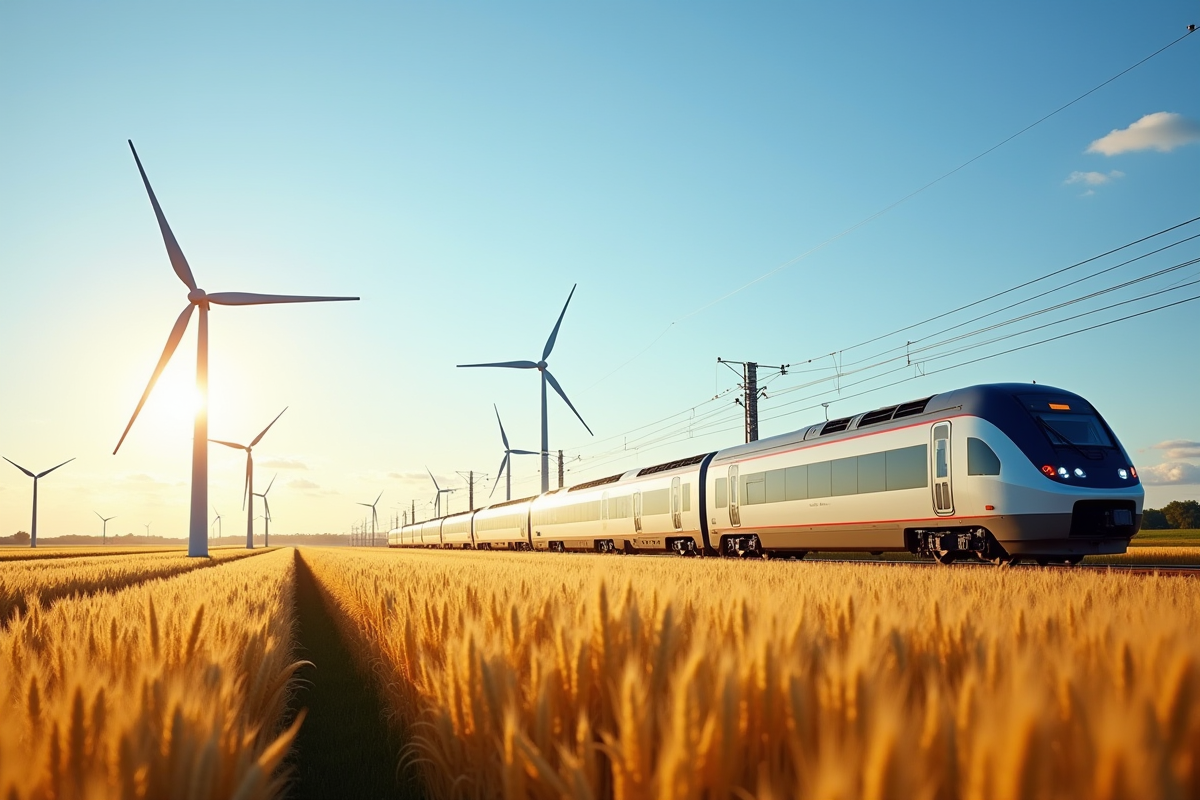 Paysage rural français avec champs de blé et train à grande vitesse