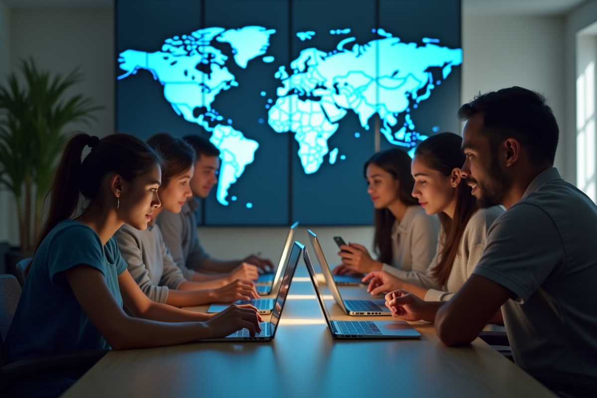 Groupe diversifié utilisant ordinateurs et smartphones en ligne