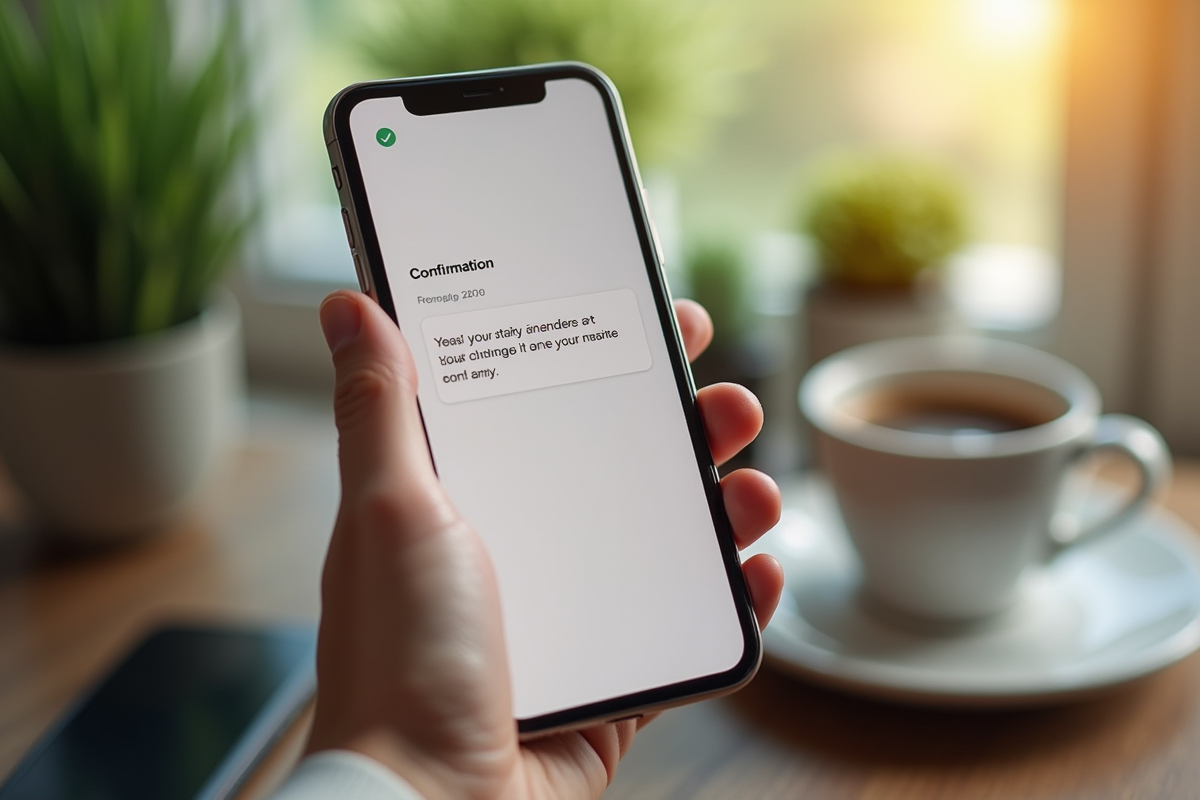 Ecran de smartphone affichant un email envoyé dans un cadre cosy