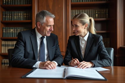 Professionnels en discussion autour de documents juridiques