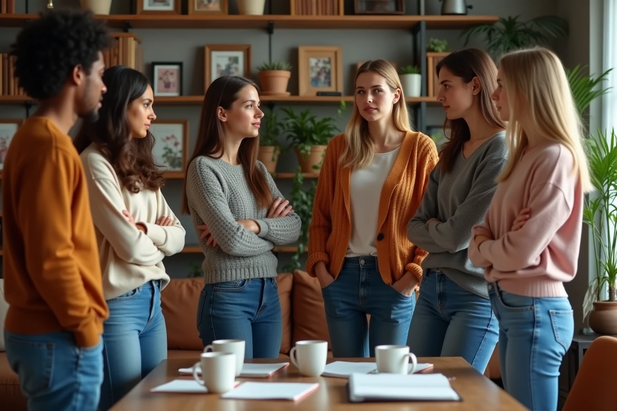 Jeunes adultes discutant dans un salon convivial