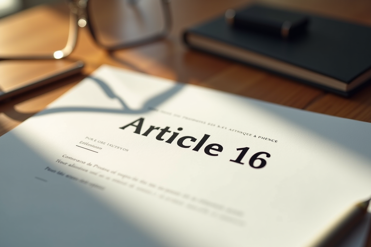 Document officiel Article 16 sur un bureau ensoleillé
