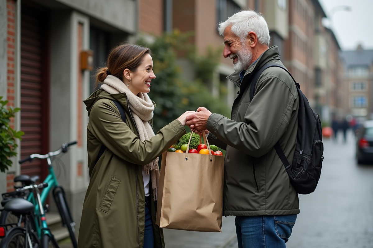 Femme donnant des courses à un homme souriant