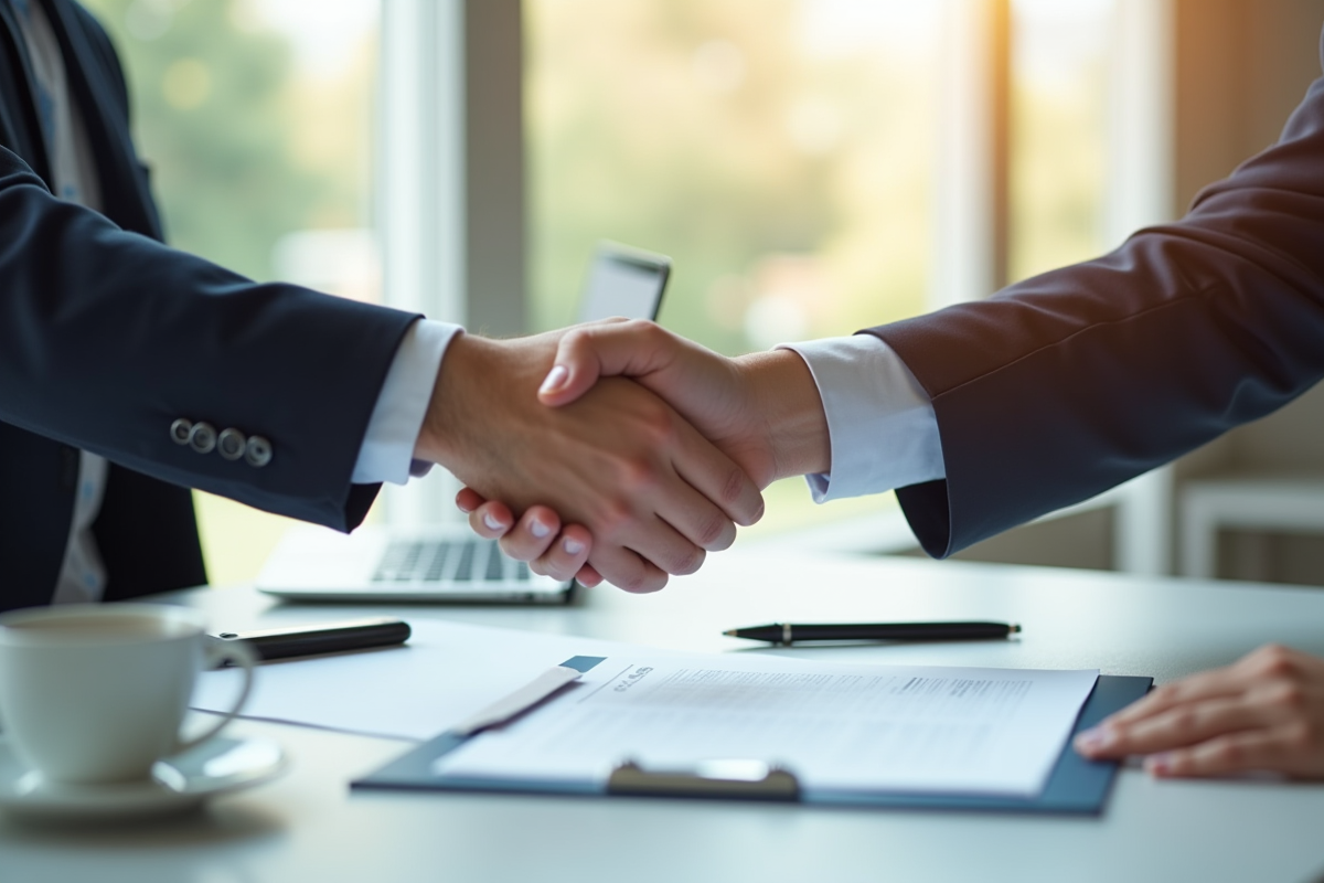 Main échangeant un contrat signé dans un bureau moderne