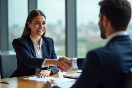 Femme confiante en blazer navy serre la main d'un homme en bureau