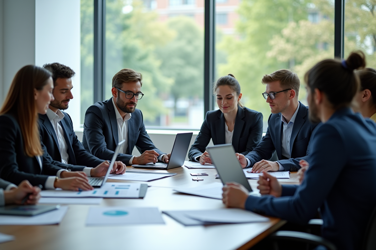 Groupe de professionnels en réunion d'affaires avec documents et graphiques