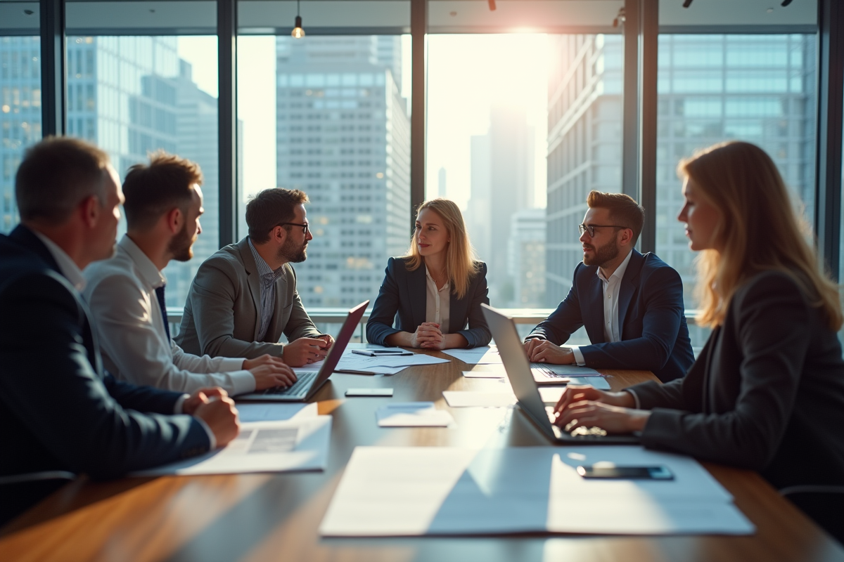 Groupe de professionnels en réunion dans un bureau lumineux
