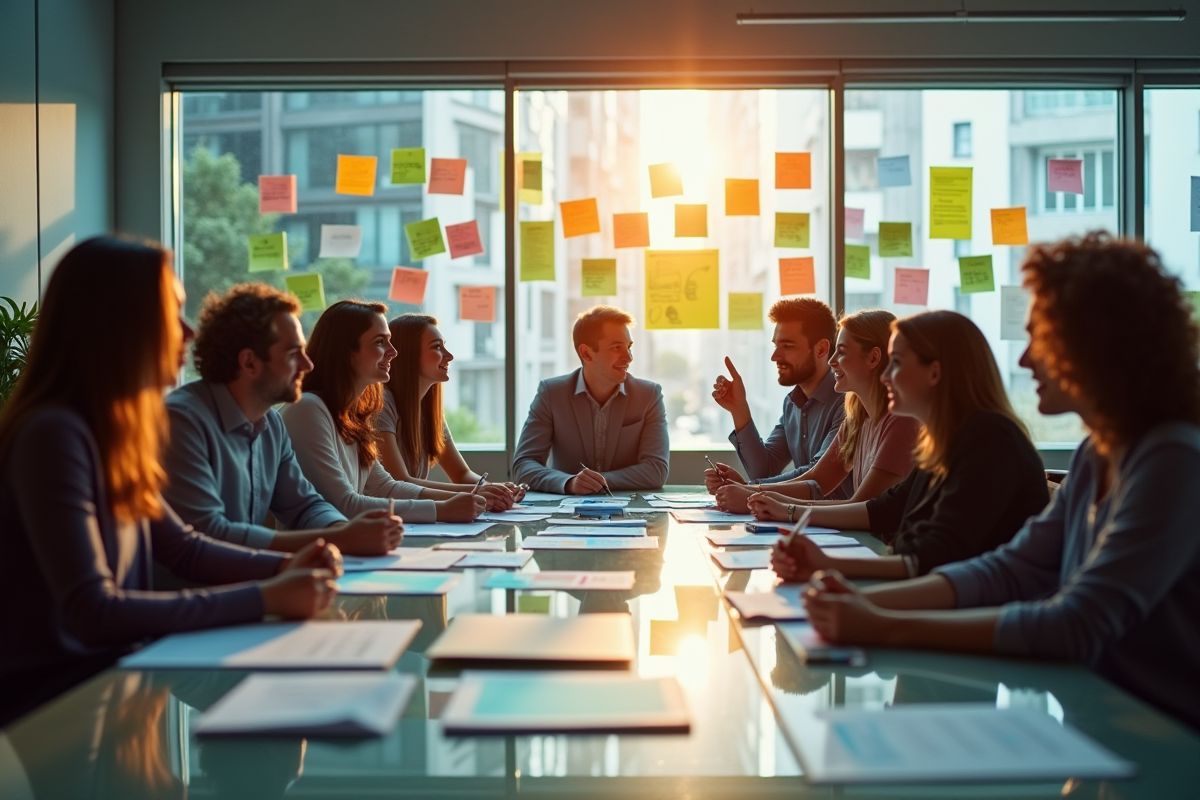 Equipe dynamique en brainstorming avec tableaux et notes colorées