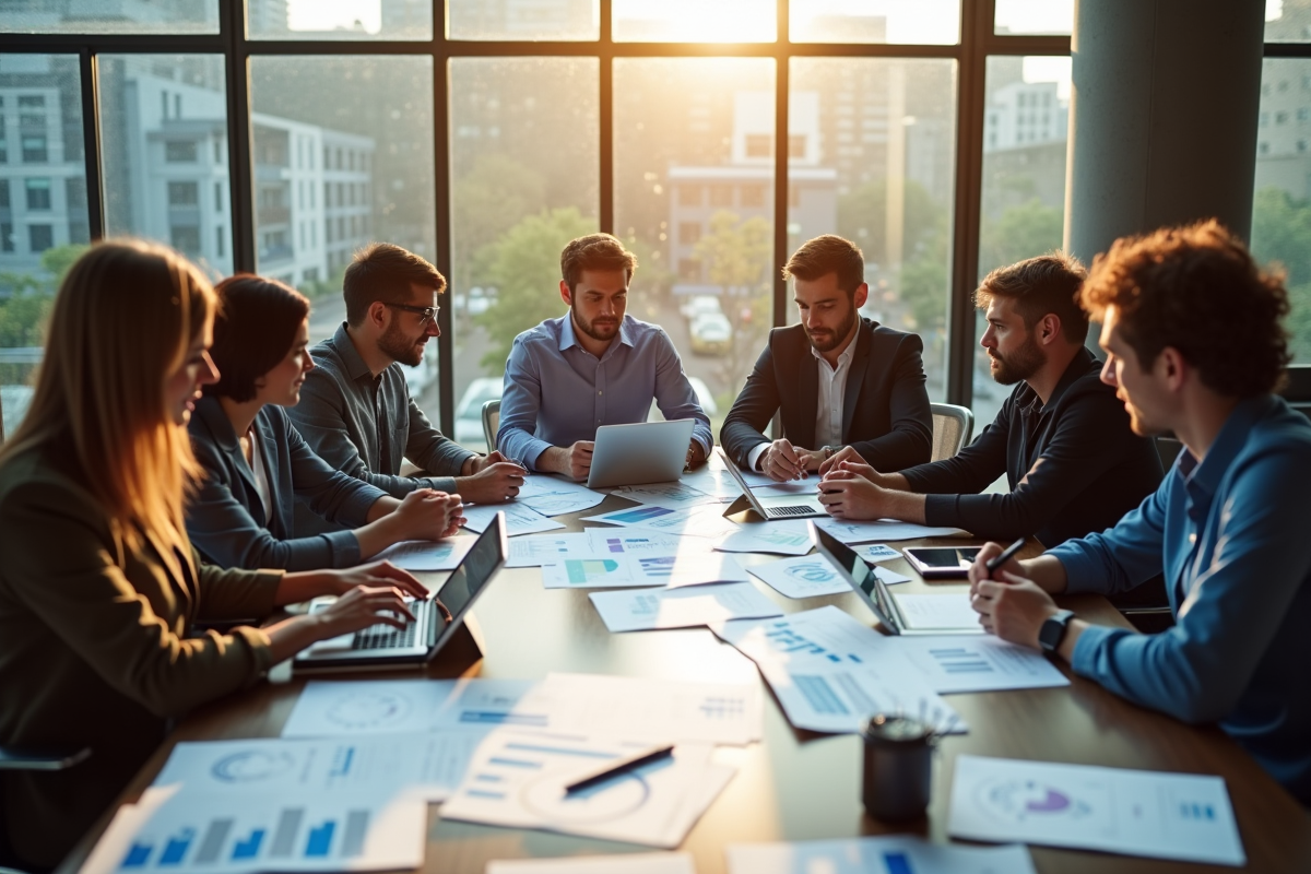 Équipe diversifiée collaborant autour d'une table avec tablettes