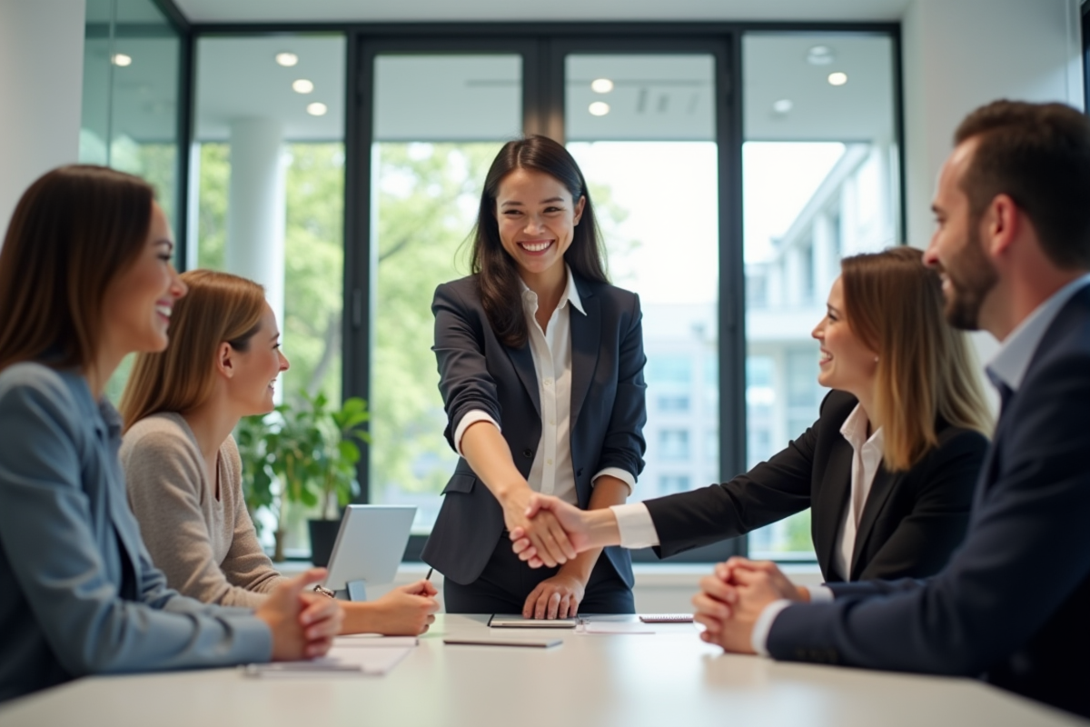 équipe commerciale en réunion avec un client satisfait