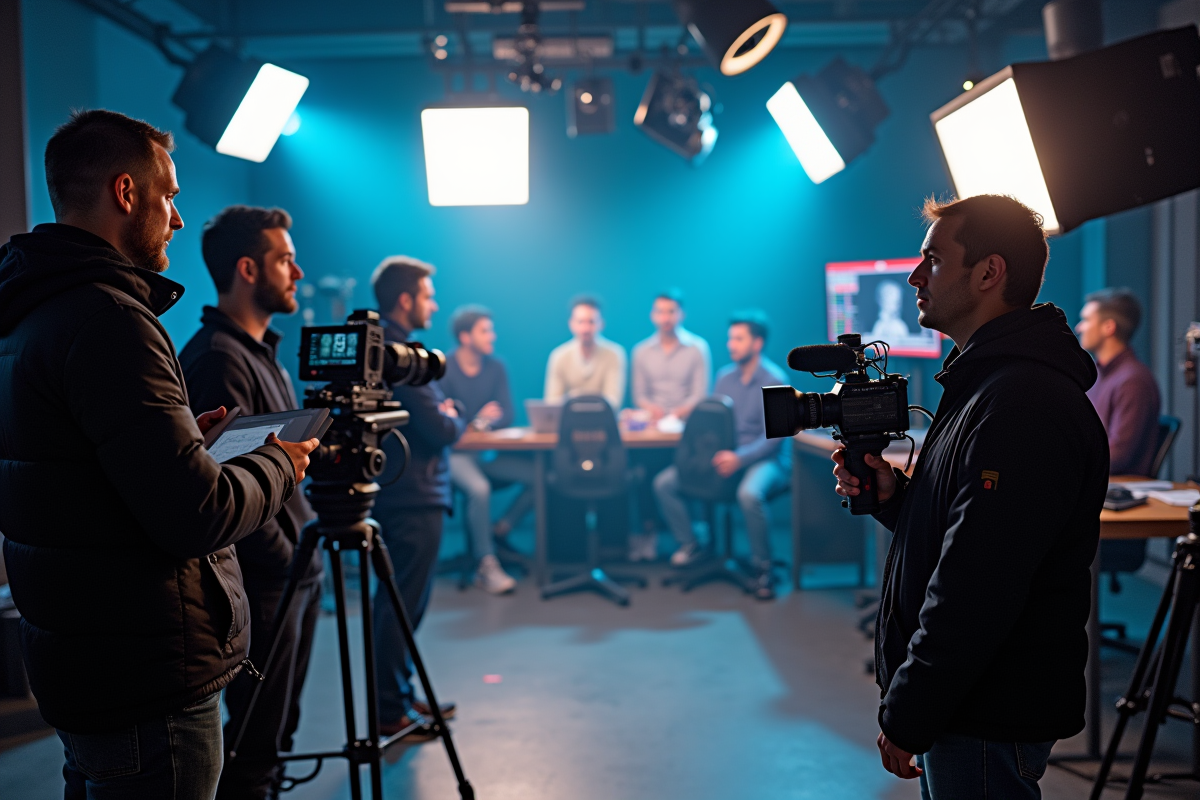 Équipe de tournage en studio avec réalisateur et caméra