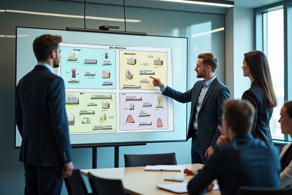 Groupe de professionnels discutant autour d une matrice BCG