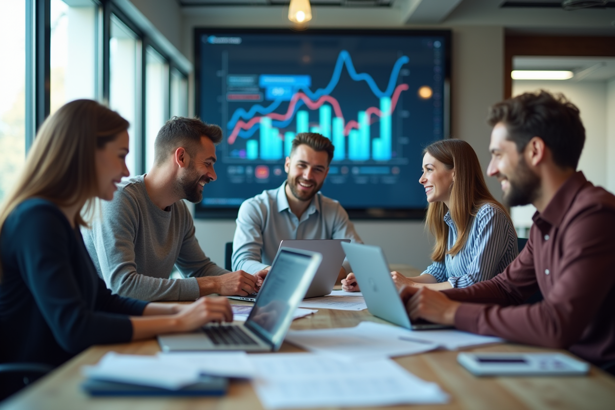 Equipe marketing souriante analysant des données sur des ordinateurs