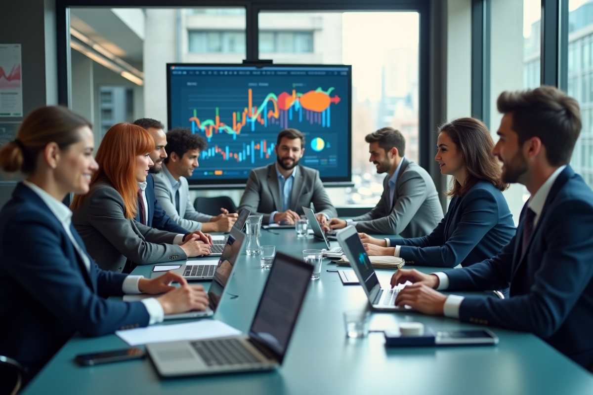 Groupe de professionnels analysant des graphiques marketing numériques