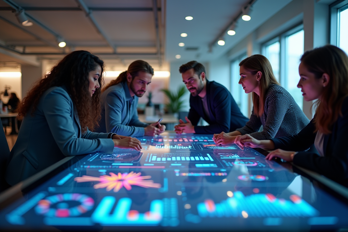 Groupe de professionnels marketing collaborant autour d'une table digitale