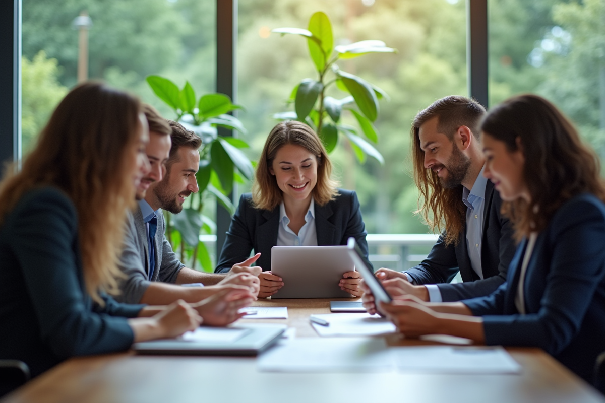 Groupe de professionnels en réunion de travail positive