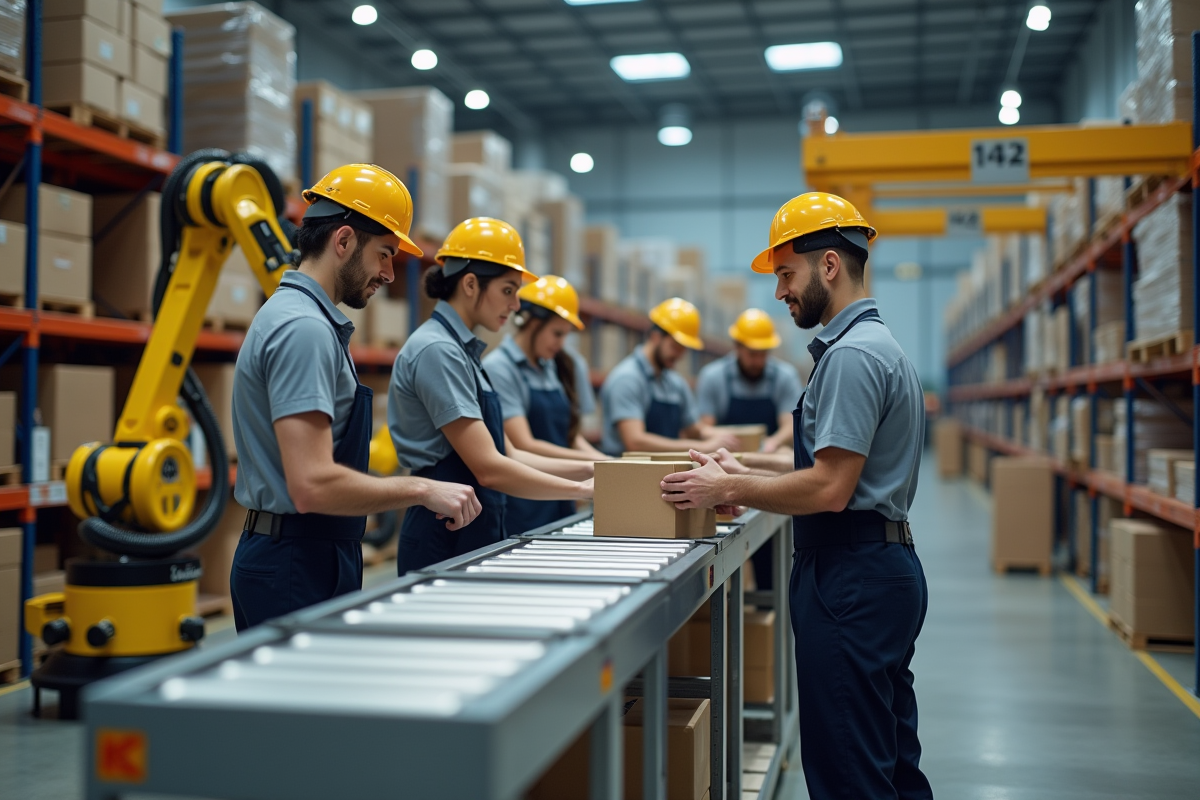 Équipe diversifiée de travailleurs avec robot dans un entrepôt moderne