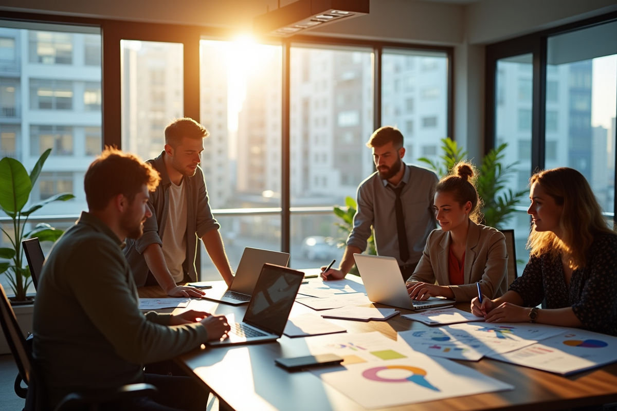 Espace de travail moderne avec équipe collaborative et lumière naturelle