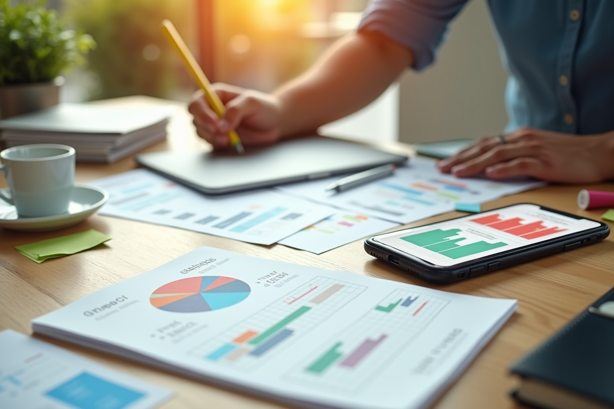 Bureau créatif avec notes et analytics de campagne publicitaire