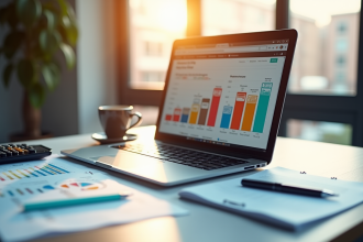 Espace de travail moderne avec ordinateur affichant des graphiques de budget publicitaire