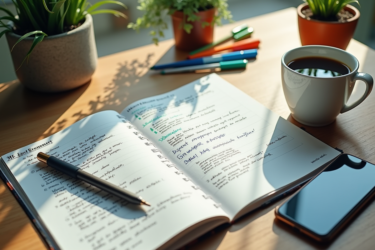 Espace de travail créatif avec carnet et outils de planification