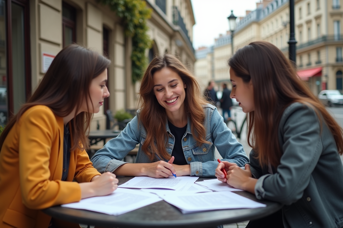 Groupe d étudiants français discutant du projet de loi C15 en extérieur