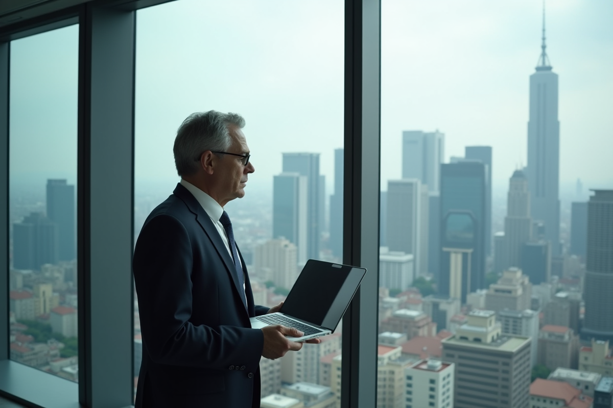 Executif regardant la ville depuis une fenêtre haute