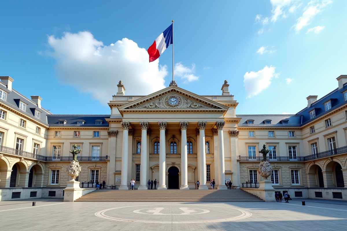 Façade d'un palais de justice parisien avec drapeau français