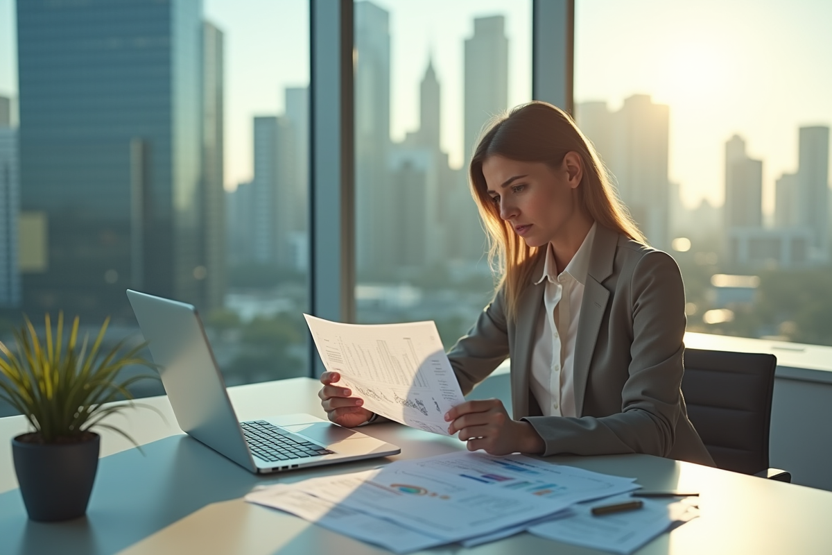 Femme d'affaires analysant des documents financiers au bureau