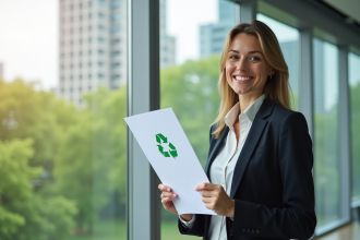 Femme d'affaires confiante dans un bureau moderne avec document écologique