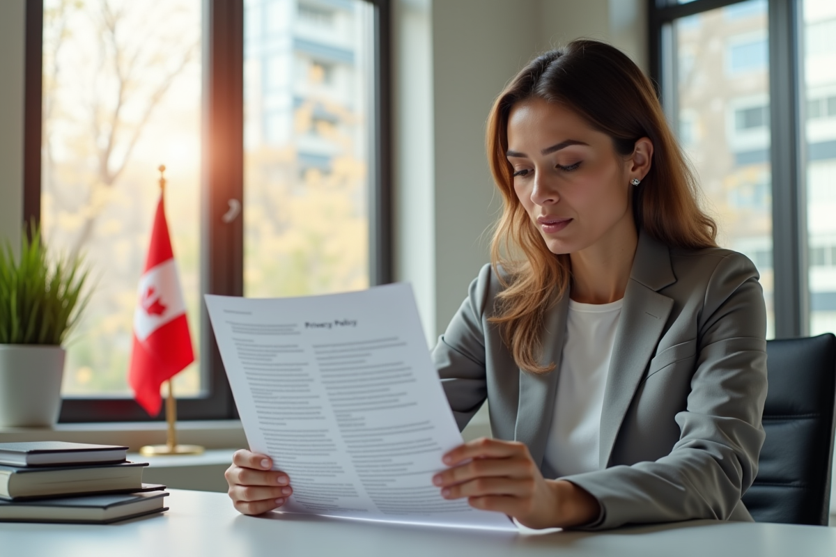 Femme d'affaires lisant une politique de confidentialité au bureau