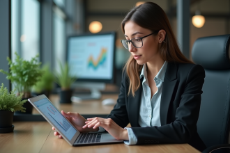 Jeune femme professionnelle analysant des graphiques sur tablette