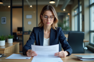 Femme professionnelle en bureau examinant des documents d'assurance