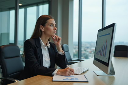Femme d affaires regardant un graphique sur son ordinateur
