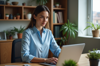 Femme travaillant sur son ordinateur dans un bureau cosy