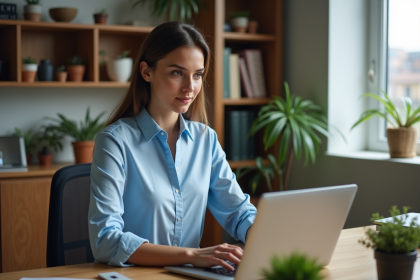 Femme travaillant sur son ordinateur dans un bureau cosy