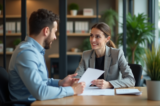 Femme en réunion de bureau avec un collègue homme