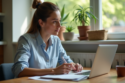 Femme en réunion de crowdfunding dans une cuisine chaleureuse