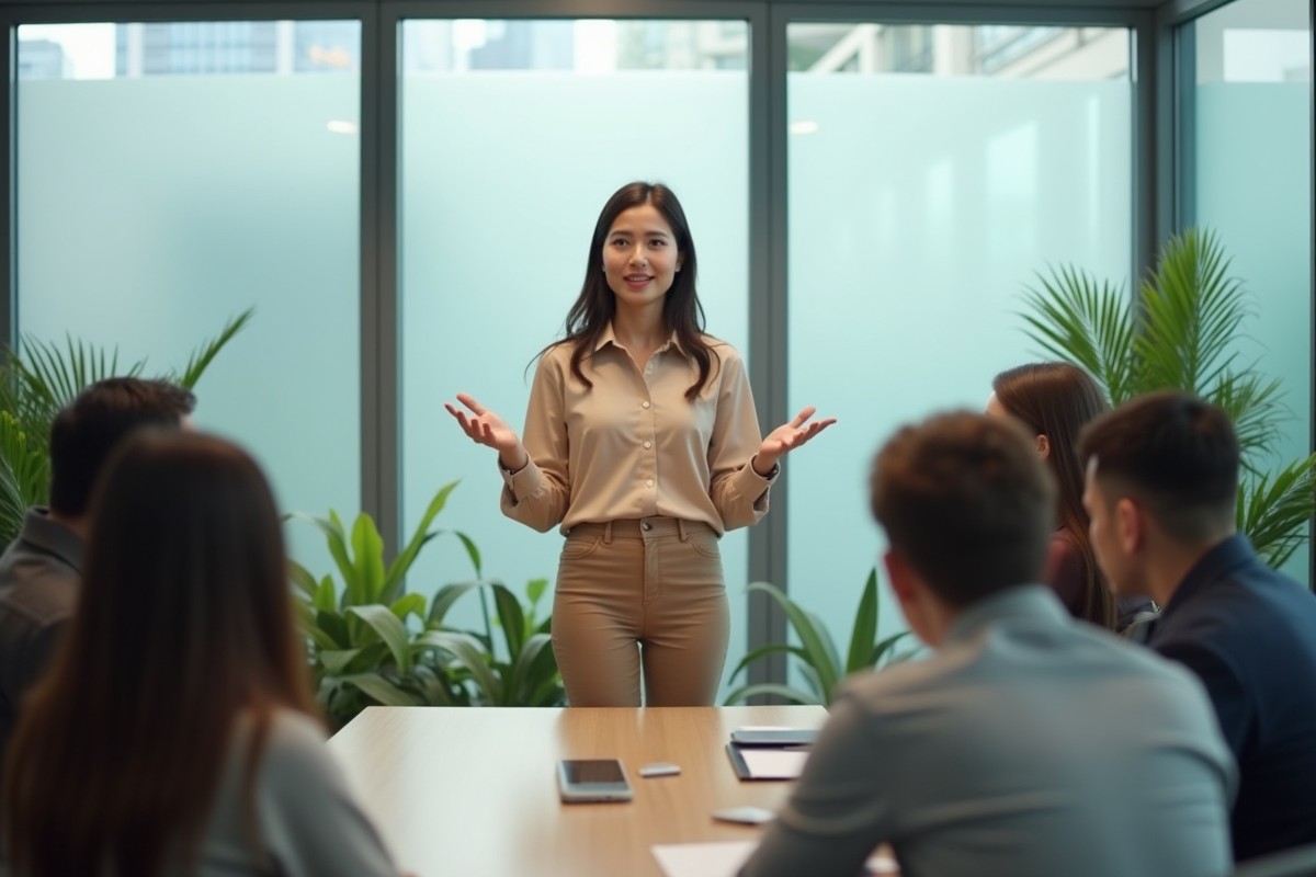 Jeune femme en blouse beige parlant devant un groupe