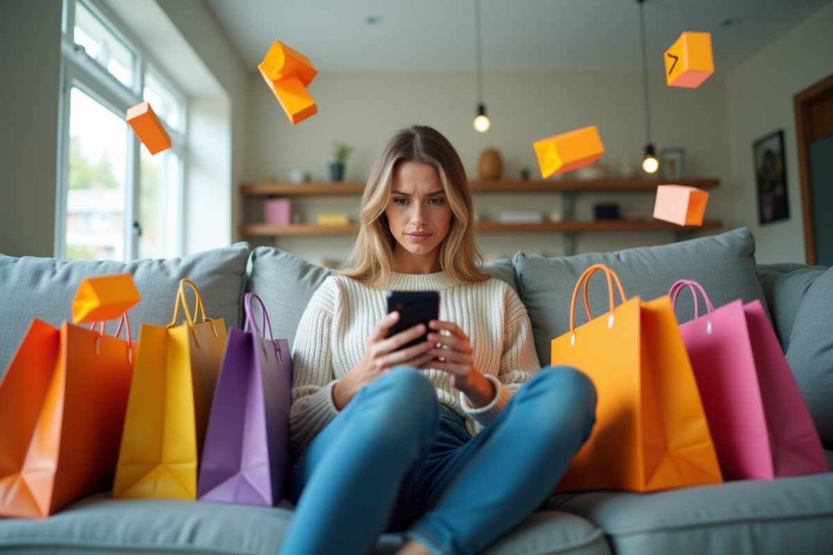 Femme inquiète sur son canapé avec sacs de shopping et publicités