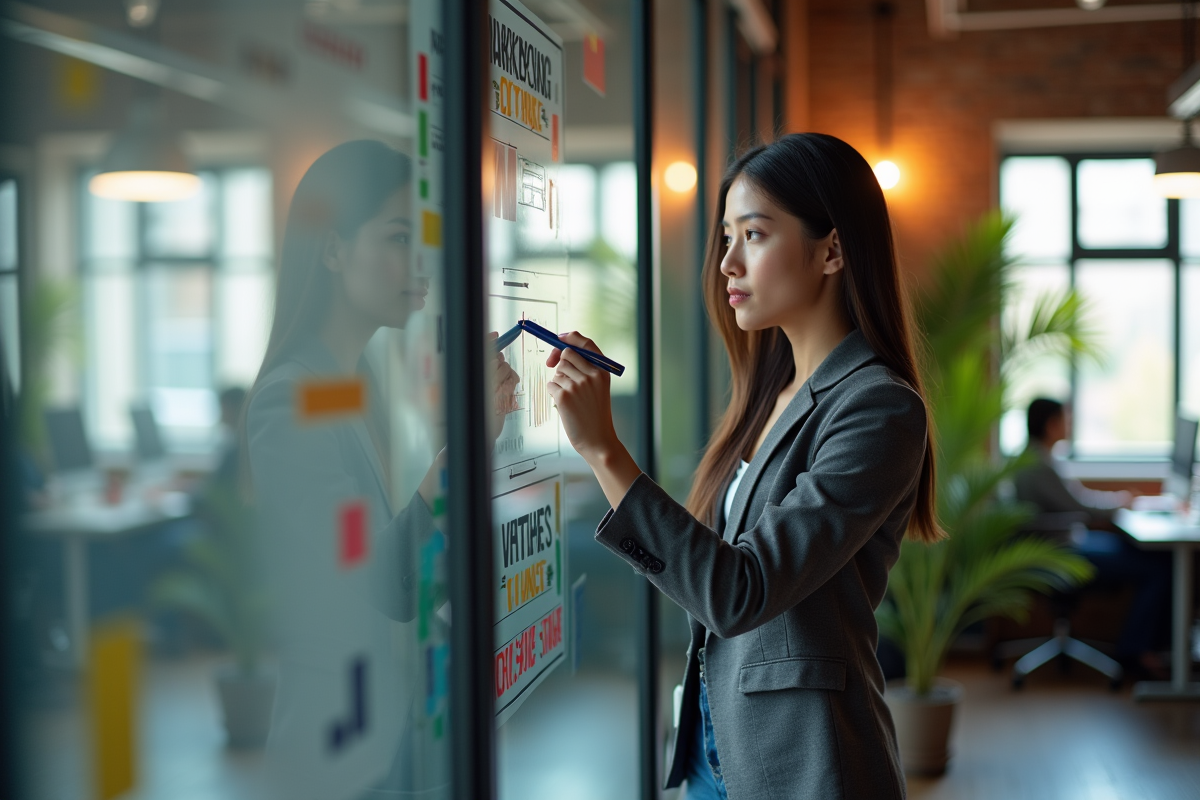 Jeune femme écrivant des objectifs marketing dans un espace coworking