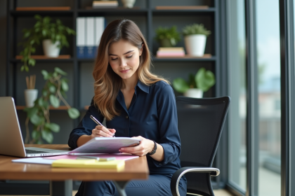 Femme organis&eacute;e au bureau avec notes color&eacute;es