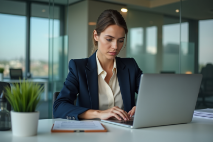 Femme professionnelle en bureau moderne concentrée sur son ordinateur